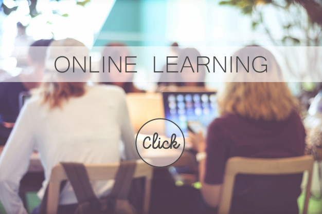 people sit back at online learning advertisement background