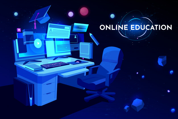 online education software with computer at workplace